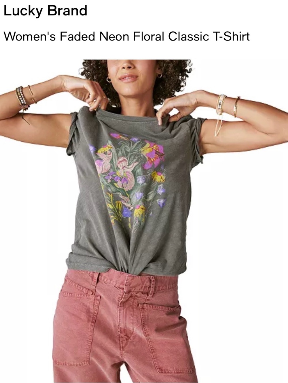 Lucky Brand Olive Short-Sleeve Tee with Neon Floral Graphic